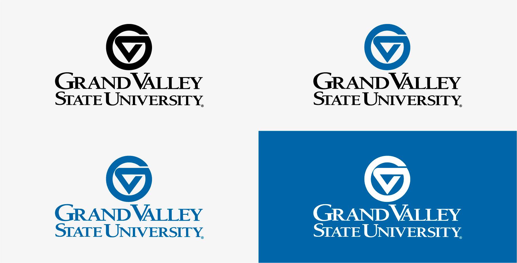 4 marktop Grand Valley logos: one black, one Grand Valley blue, one 2-color, and one white.